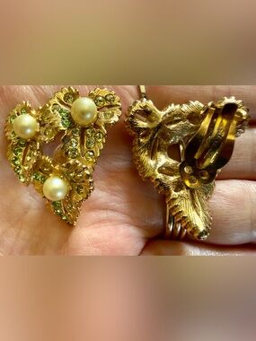 Antique Elsa Schiaparelli Gold-Tone Pearl & Green Crystal Clip-On Earrings